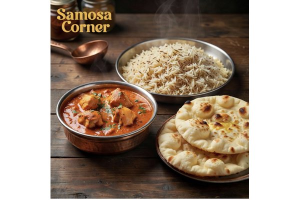 Butter chicken with naan and jeera rice